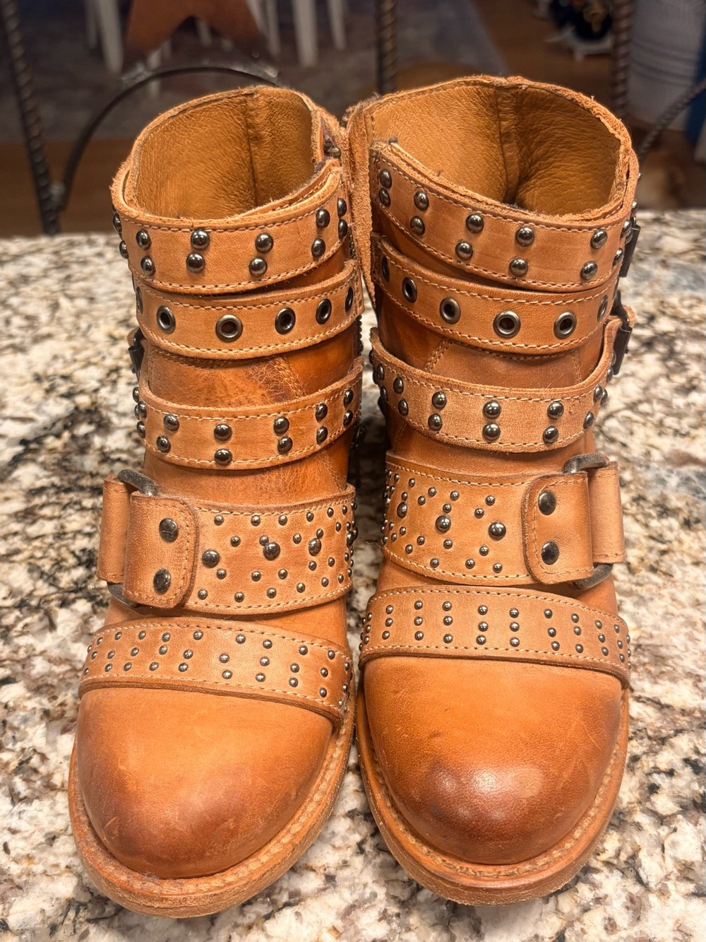 Freebird by Steven Slayer ~ Tan Studded Leather Multi-Strap Ankle Boots